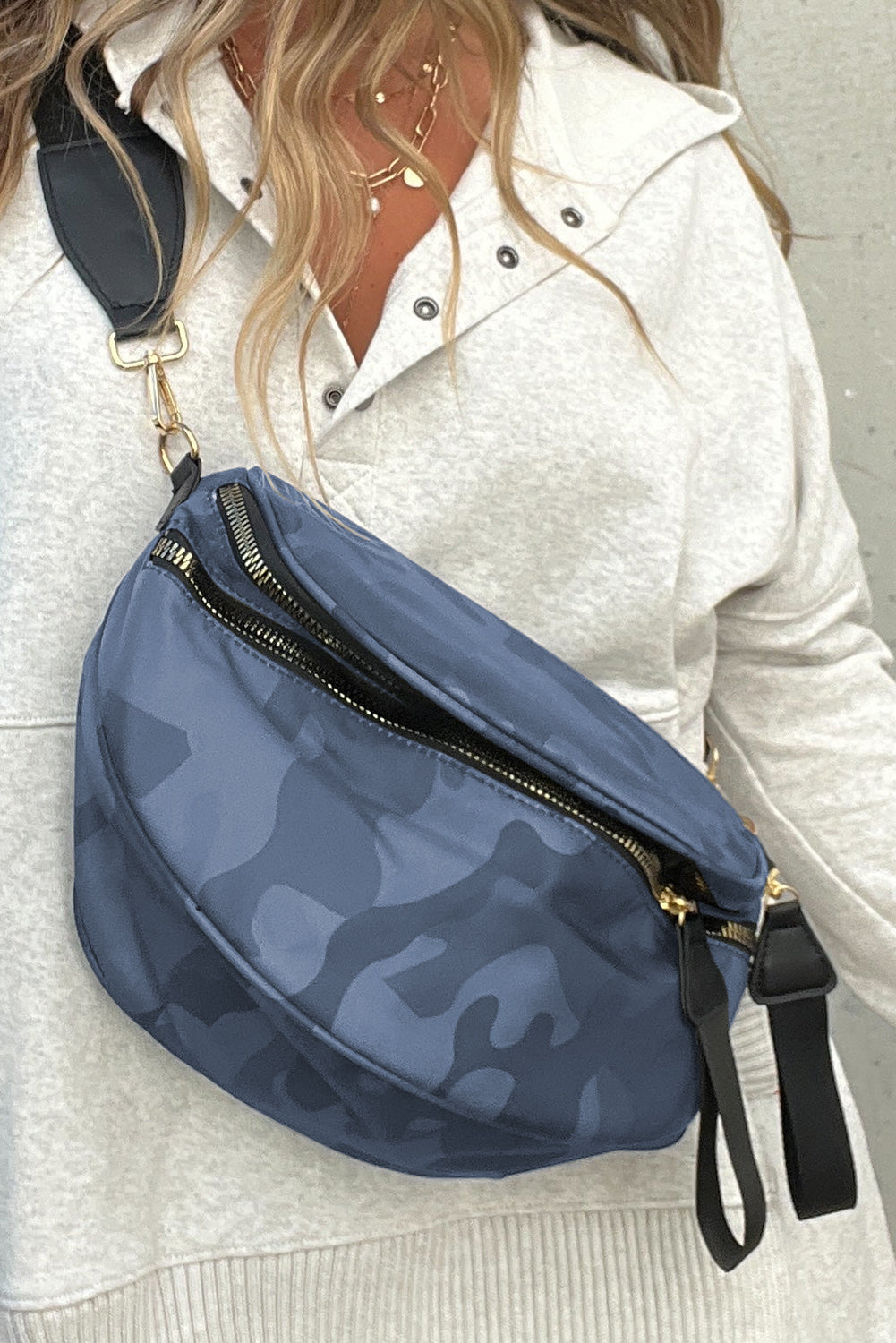 White Camouflage Print Double Zipper Crossbody Bag