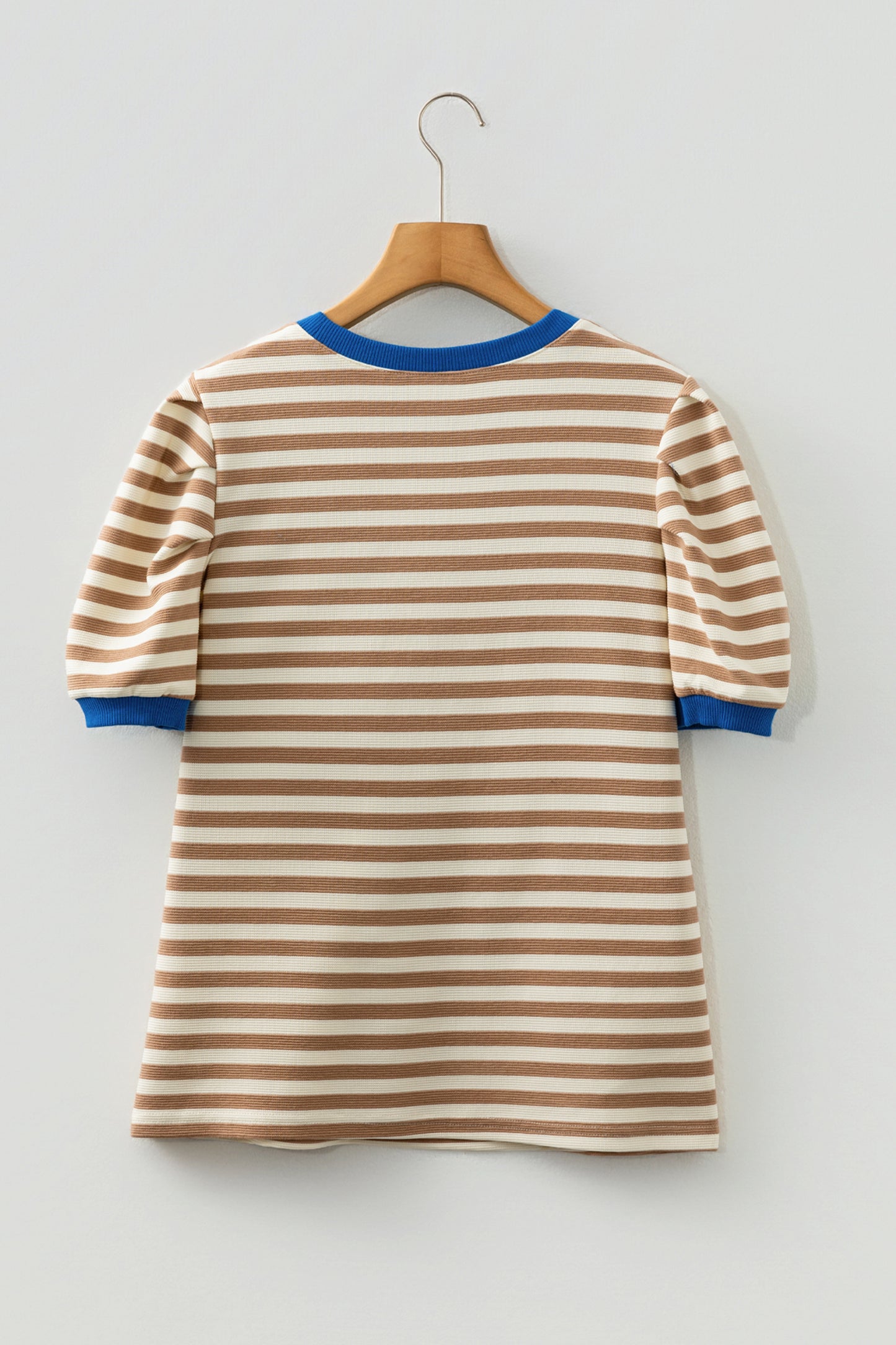Rose Stripe Short Puff Sleeve Contrast Trim Round Neck Tee