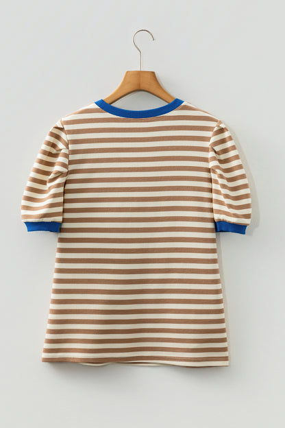 Rose Stripe Short Puff Sleeve Contrast Trim Round Neck Tee