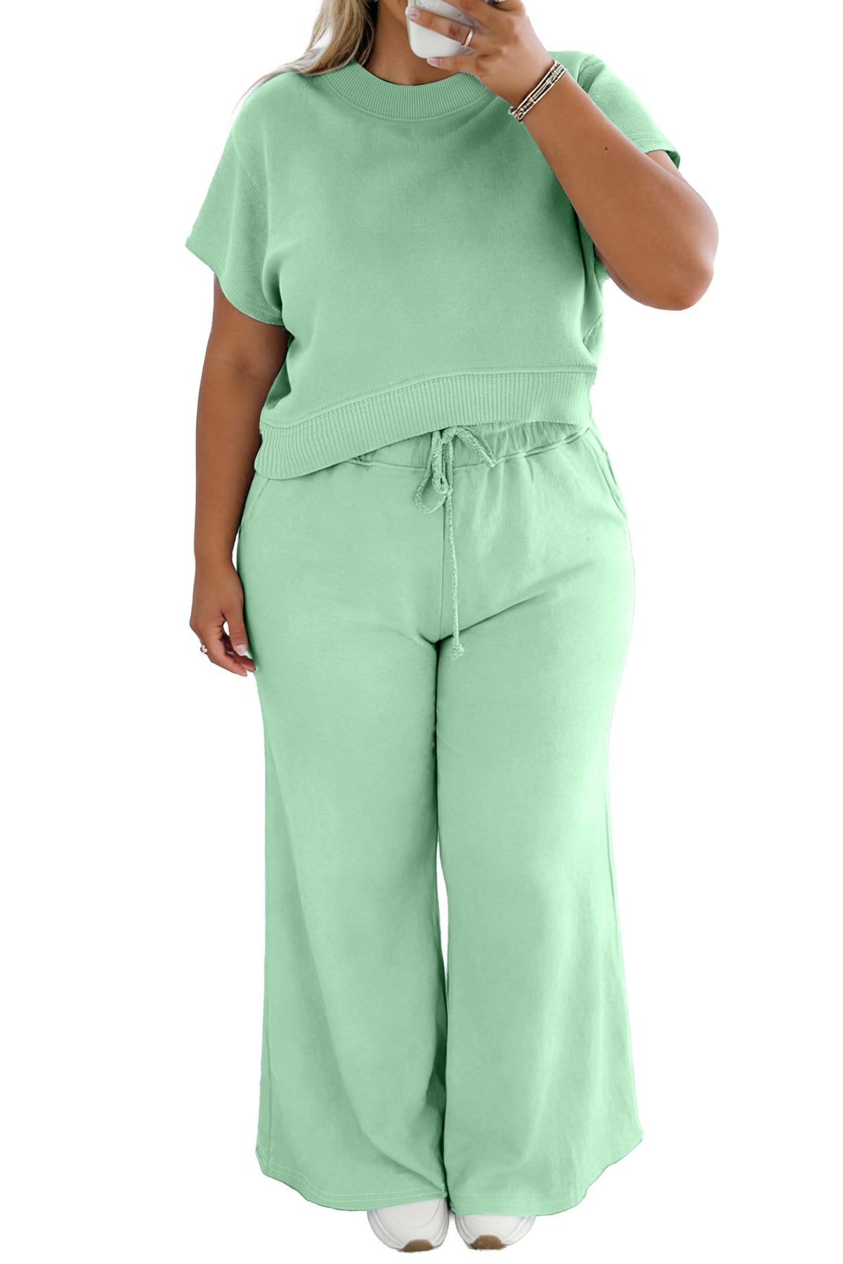 Clearly Aqua Solid Color Ribbed Trim Short Sleeve Top Drawstring Loose Pants 2pcs Outfit