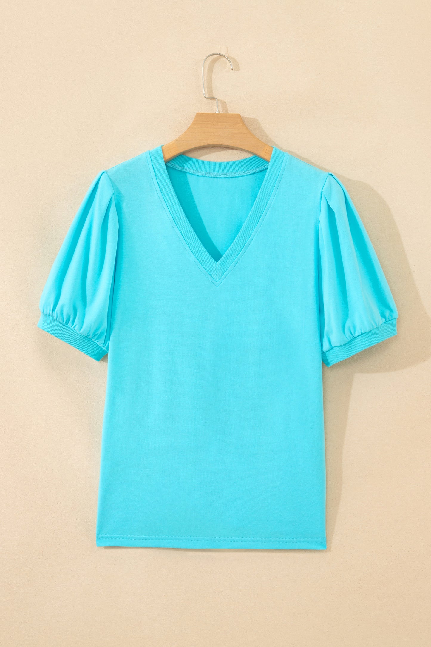 Yellow Solid Color V Neck Short Puff Sleeve Blouse