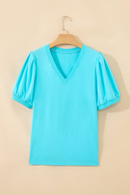 Yellow Solid Color V Neck Short Puff Sleeve Blouse