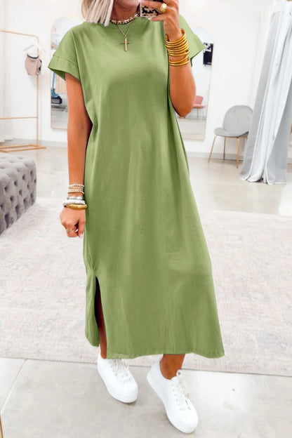 Red Sandalwood Solid Color Long T Shirt Dress with Slits