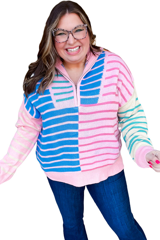 Sky Blue Stripe Colorblock Patchwork Plus Size Zip Collar Sweater