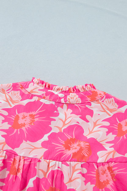 Green Short Bubble Sleeve Summer Floral Blouse