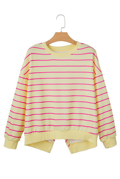 Blue Striped Overlap Detail Drop Shoulder Pullover Sweatshirt