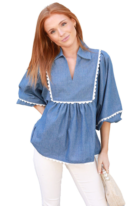 Dusk Blue Scallop Trim Puff Sleeve Collared Babydoll Blouse