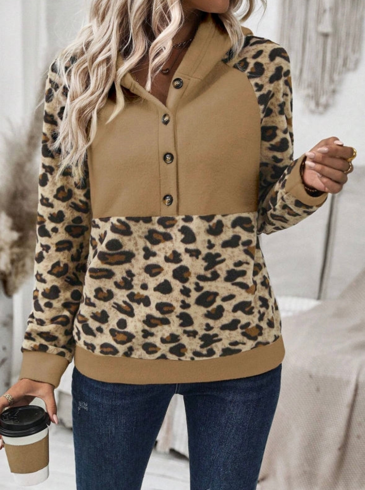 Leopard Patchwork Button Up Hoodie