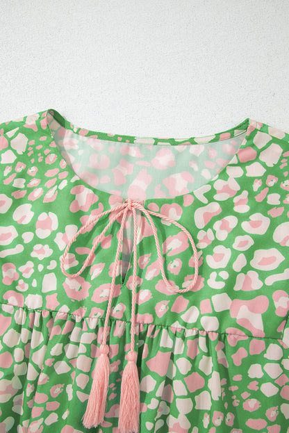 Green Plus Size Leopard Tassel Tie Split Neck Puff Sleeve Blouse