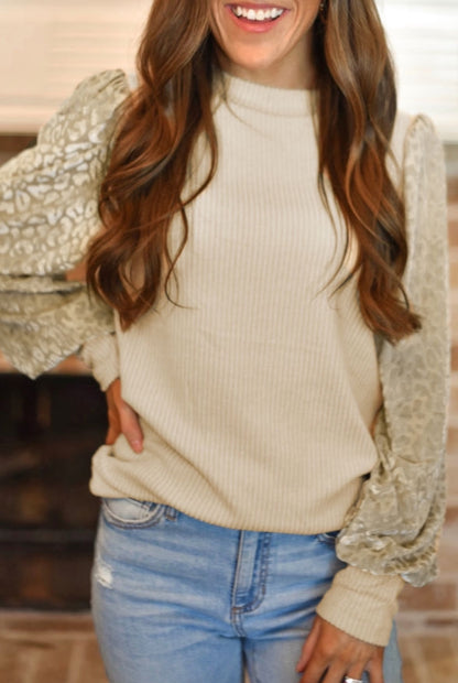 Leopard Lantern Sleeve Ribbed Blouse