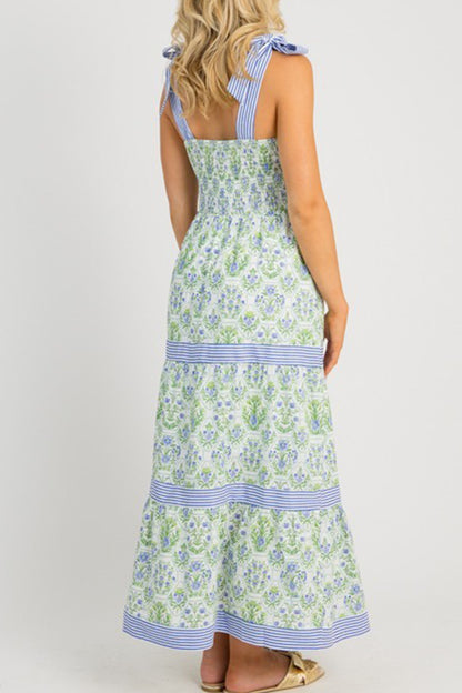Pink Geometric Floral Print Striped Patchwork Detail Sleeveless Dress