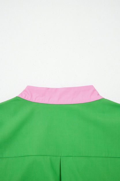Bright Green Color Block Detail Split Neck Short Puff Sleeve Ruffle Hem Mini Dress