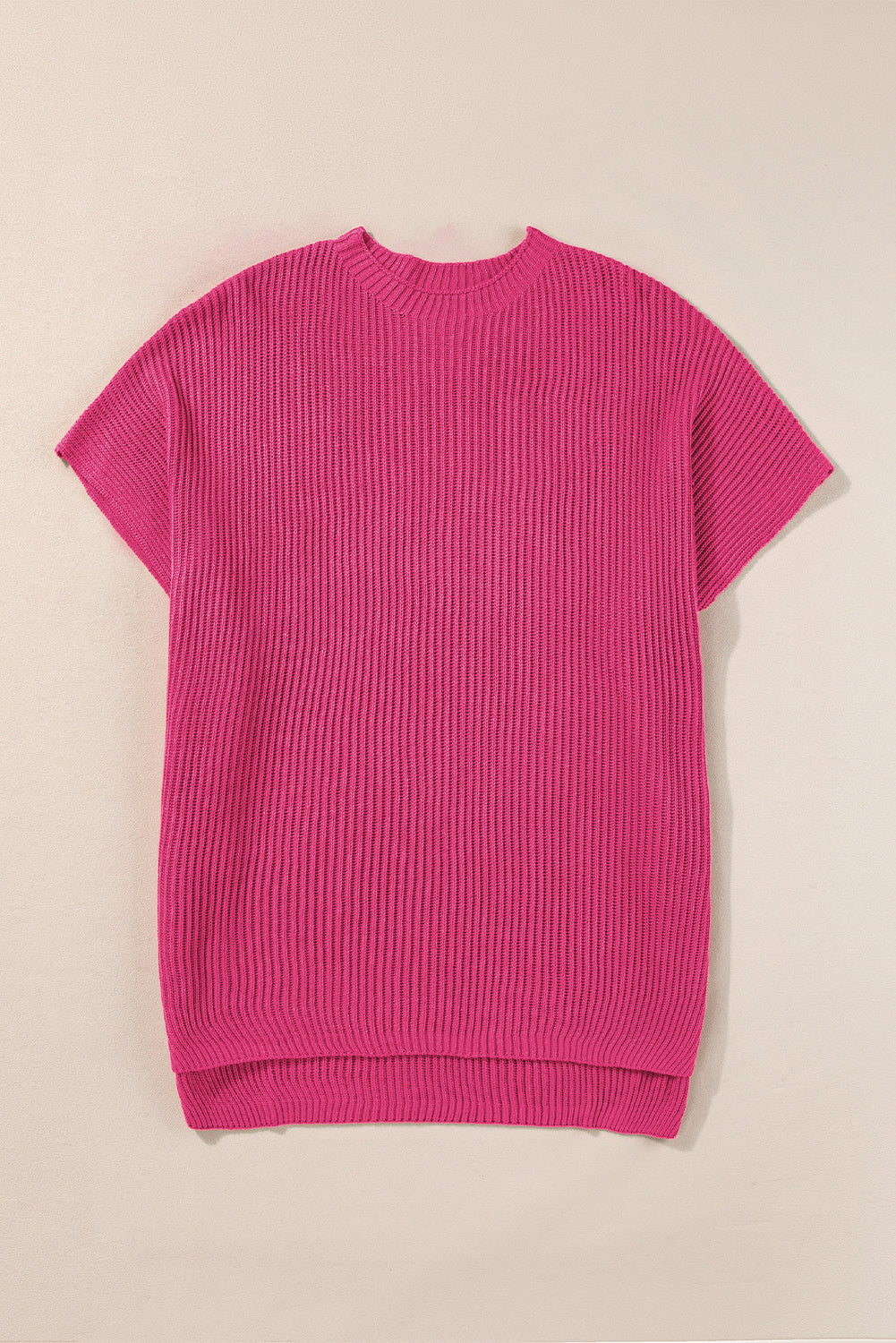 Rose Red Side Slit Short Sleeve Oversized Sweater