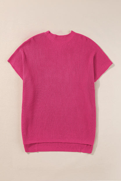 Rose Red Side Slit Short Sleeve Oversized Sweater