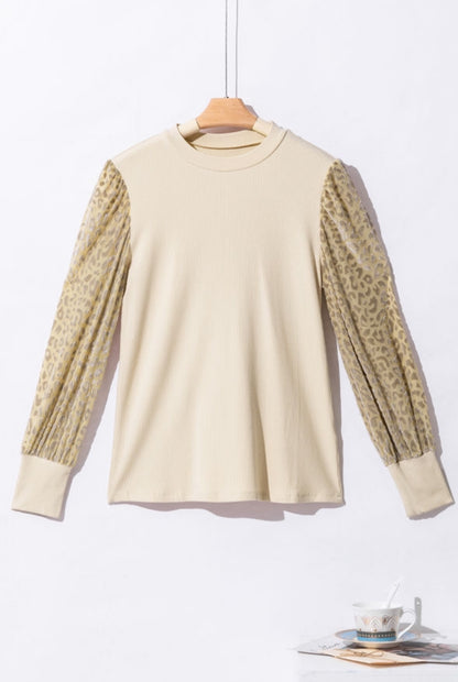 Leopard Lantern Sleeve Ribbed Blouse