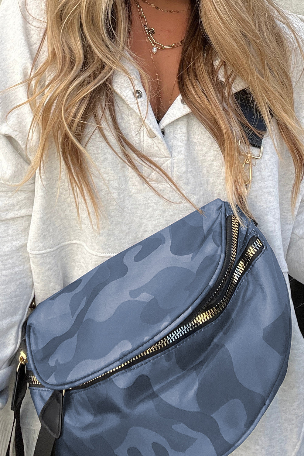 White Camouflage Print Double Zipper Crossbody Bag