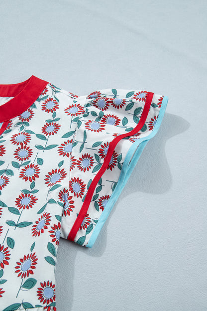 Green Sunflower Printed Contrast Trim V Neck Flutter Sleeve Blouse