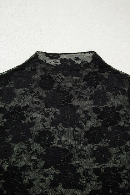 Black Mock Neck Floral Lace Mesh Long Sleeve Top