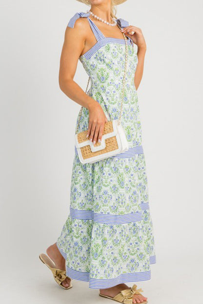 Pink Geometric Floral Print Striped Patchwork Detail Sleeveless Dress