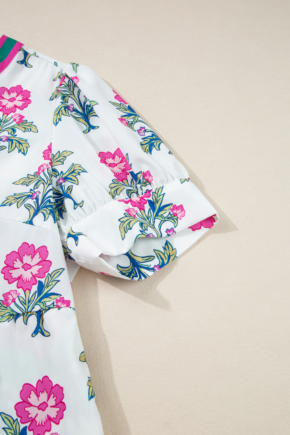 White Allover Floral Print Pop of Color Neckline Puff Sleeve Plus Size Dress