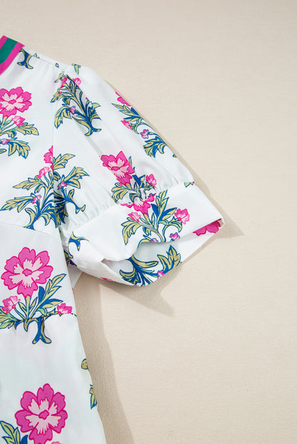 White Allover Floral Print Pop of Color Neckline Puff Sleeve Plus Size Dress