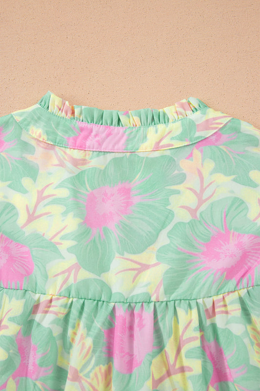 Green Short Bubble Sleeve Summer Floral Blouse