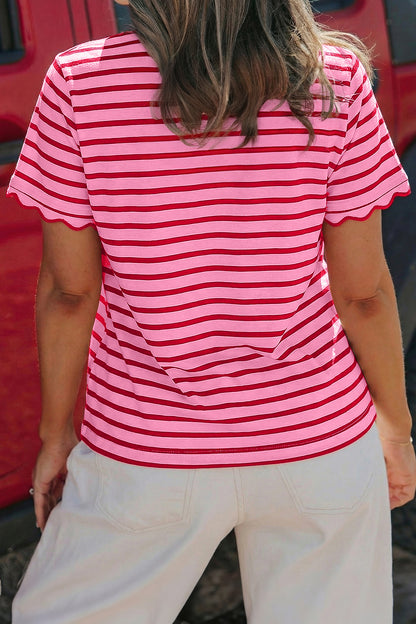 Red Stripe Scalloped Trim Round Neck T Shirt