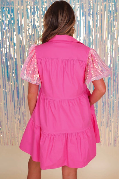 Pink Sequin Sleeve Tiered Dress