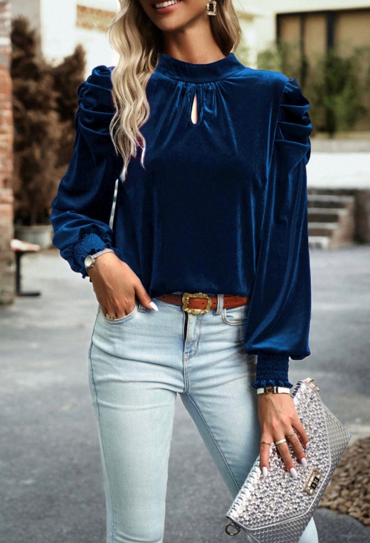 Velvet Puff Sleeve Blouse