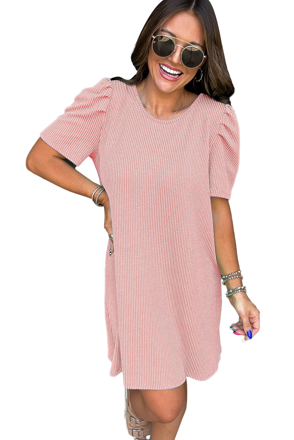 Parchment Corded Crew Neck Puff Sleeve Mini Dress