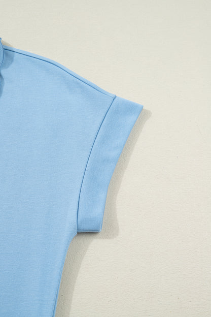 Beau Blue Solid Color Snap Button Polo Collar Short Sleeve Scallop Hem Mini Dress