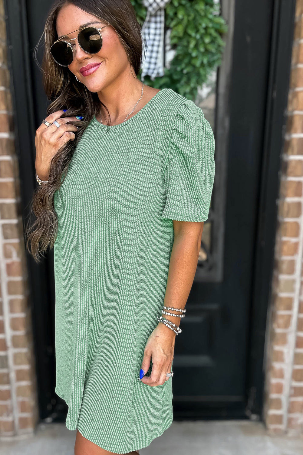 Parchment Corded Crew Neck Puff Sleeve Mini Dress