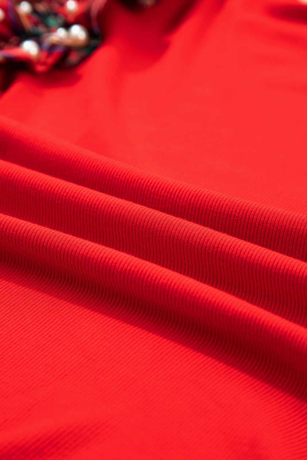 Racing Red Pearl Plaid Ruffle Sleeve Loose T Shirt