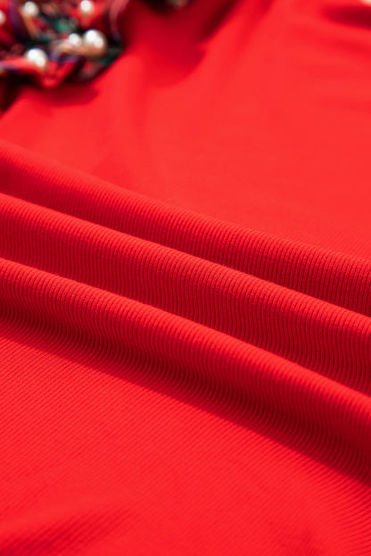 Racing Red Pearl Plaid Ruffle Sleeve Loose T Shirt