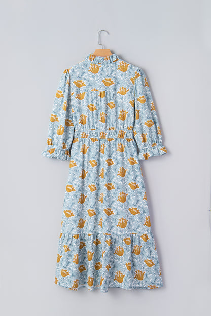 Brown Floral Printed Frilled V Neck Bracelet Sleeve Long Dress