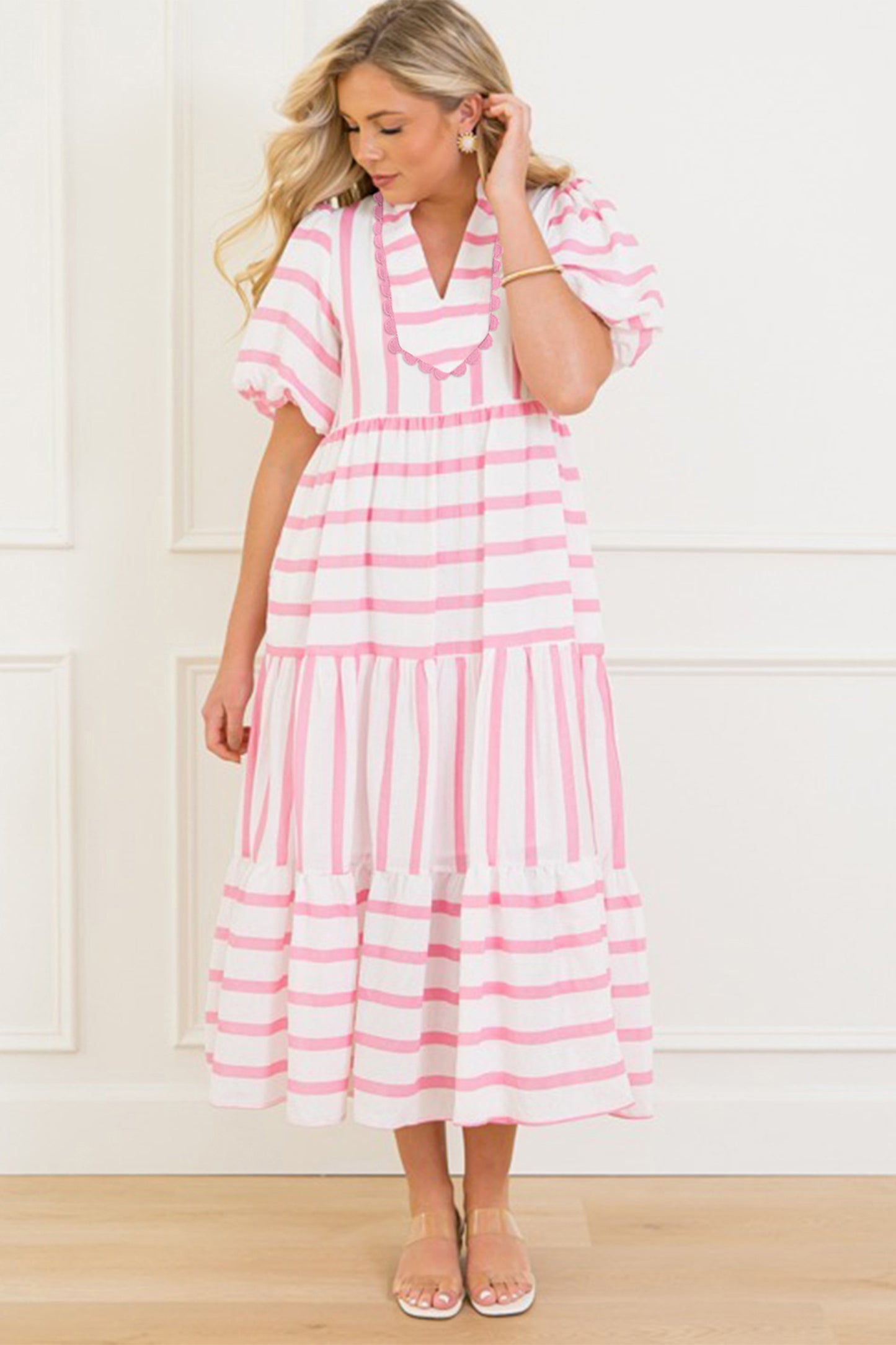 Sky Blue Stripe Ricrac Trim Notched Neck Half Sleeve Vacation Dress