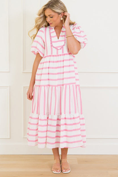 Sky Blue Stripe Ricrac Trim Notched Neck Half Sleeve Vacation Dress