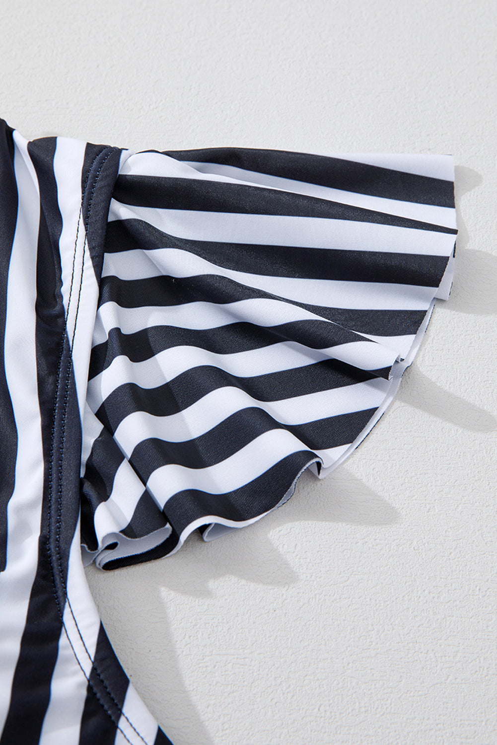 Black Stripe Plus Size Knot Cutout Ruffle Sleeve and High Waist Swimsuit Set