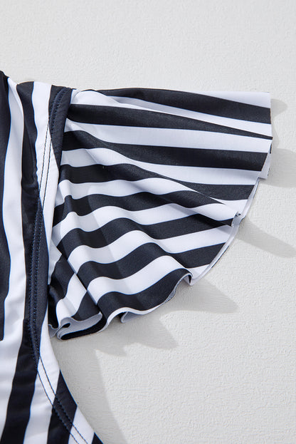 Black Stripe Plus Size Knot Cutout Ruffle Sleeve and High Waist Swimsuit Set