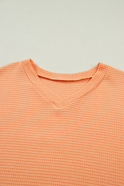 Strawberry Pink Waffle V Neck Short Sleeve Knit Top