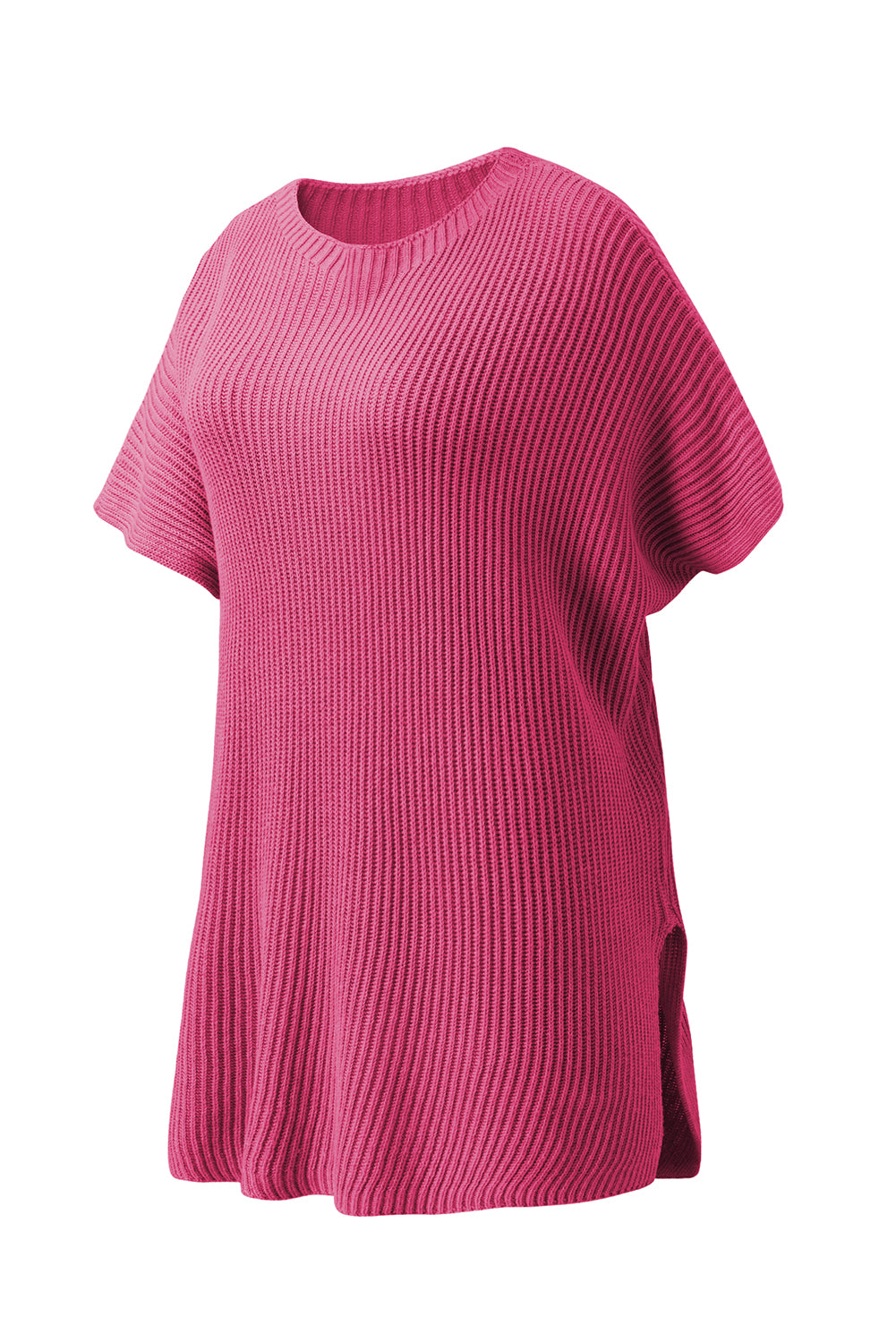 Rose Red Side Slit Short Sleeve Oversized Sweater