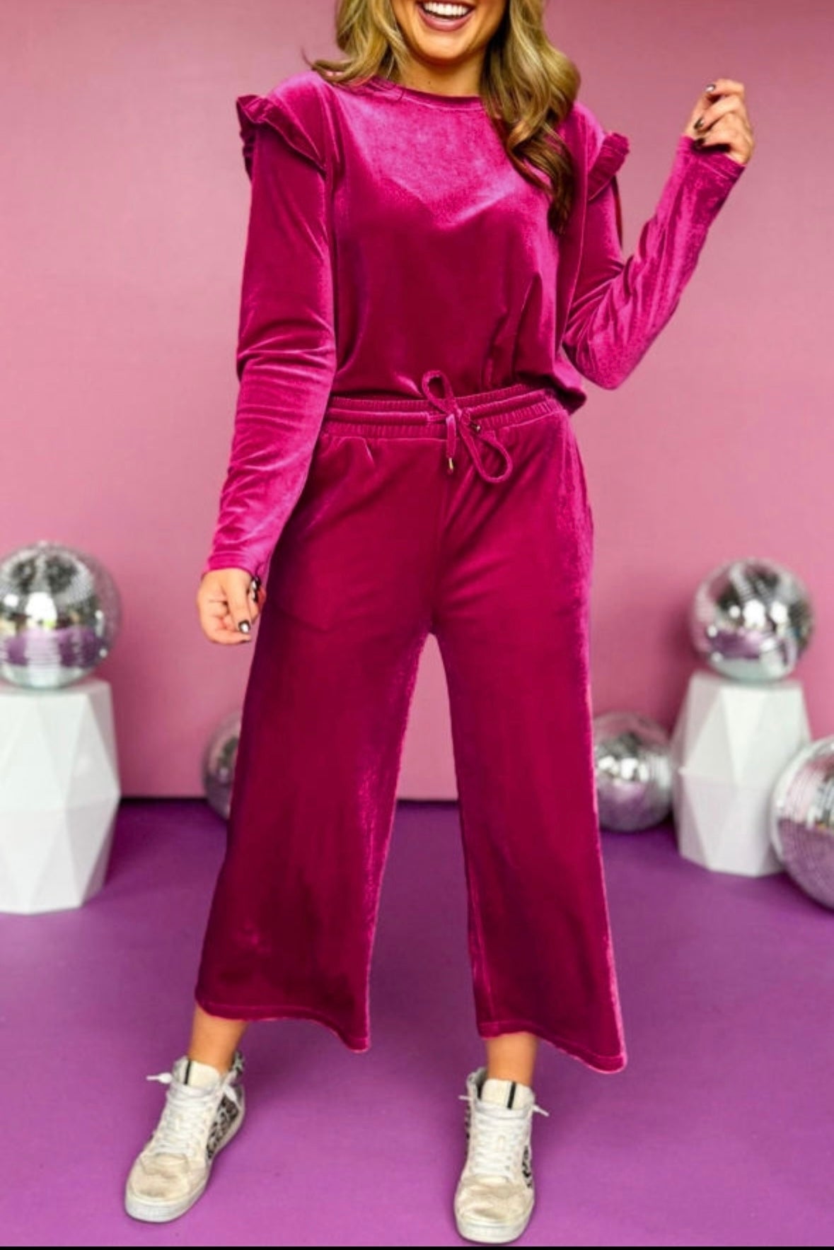 Velvet Ruffled Wide Pant Set