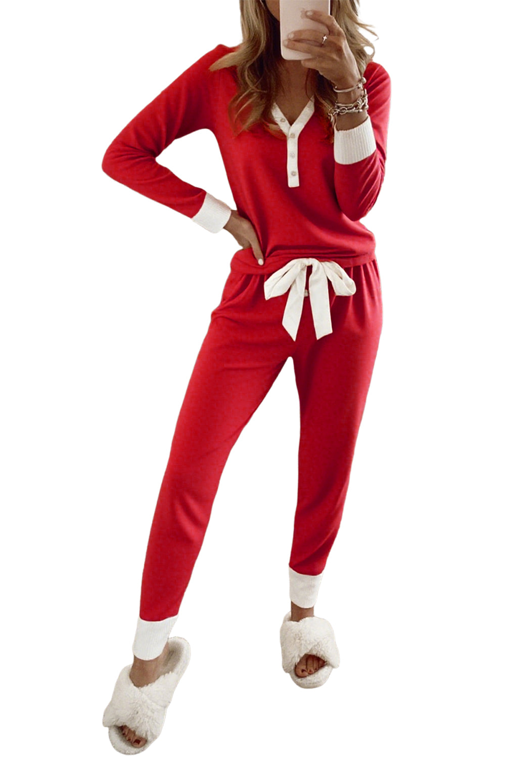 Fiery Red Contrast Trim Button V Neck Knot Waist Pants Pajama Set