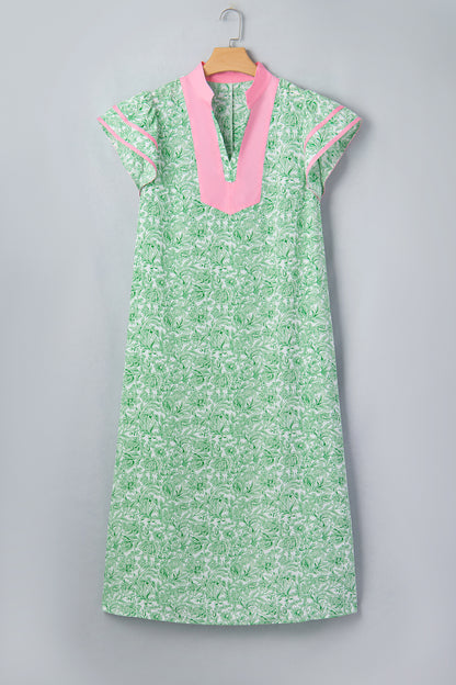 Green Plus Size Contrast Trim Flutter Sleeve Floral Kaftan Maxi Dress