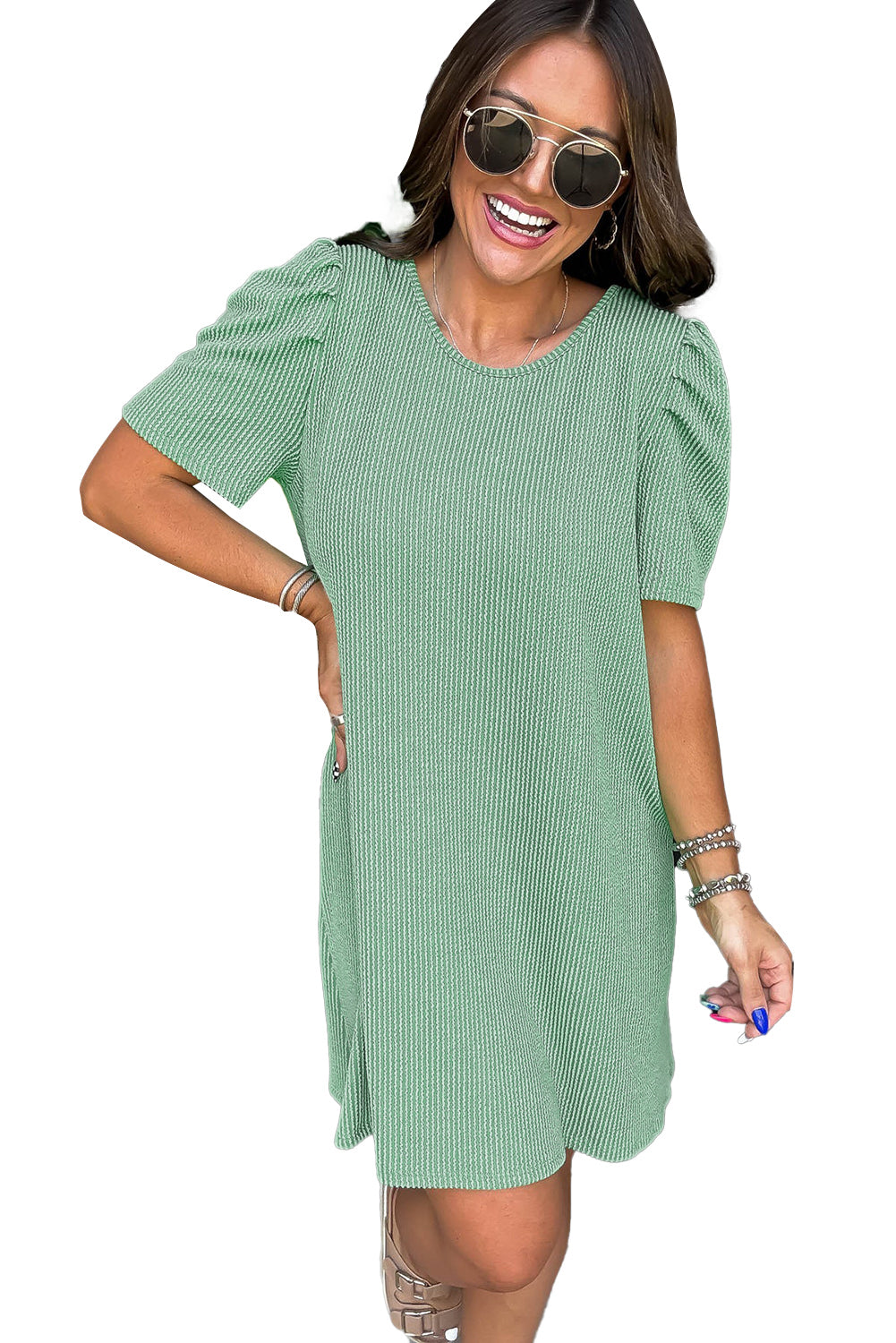 Parchment Corded Crew Neck Puff Sleeve Mini Dress