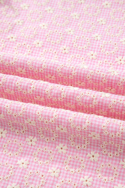 Pink Eyelet Embroidered Flower Texture Contrast Lace Trim Flutter Sleeve Blouse