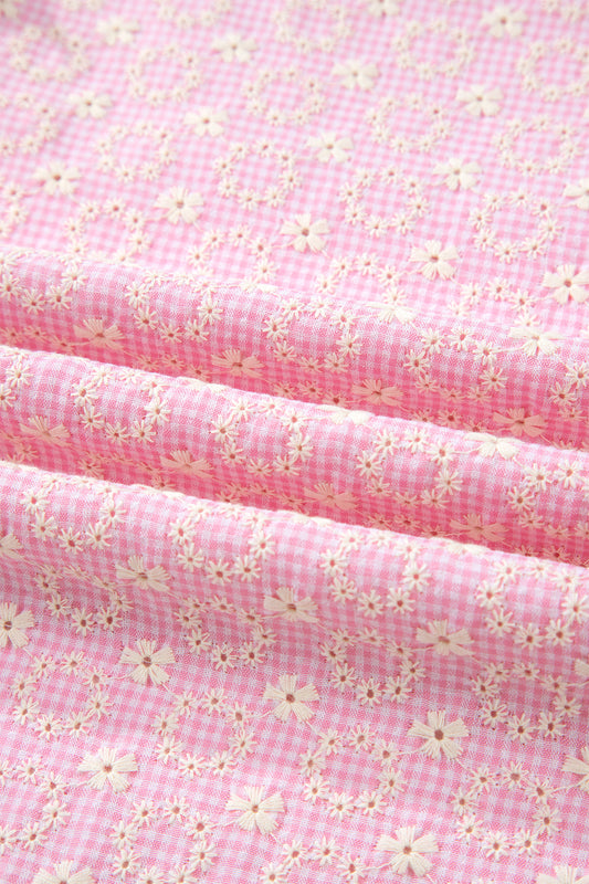 Pink Eyelet Embroidered Flower Texture Contrast Lace Trim Flutter Sleeve Blouse
