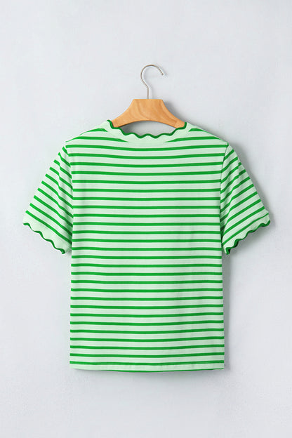 Red Stripe Scalloped Trim Round Neck T Shirt