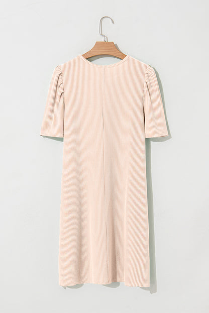 Parchment Corded Crew Neck Puff Sleeve Mini Dress