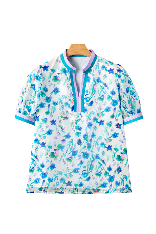 Green Floral Print Pop of Color Split Neck Puff Sleeve Plus Size Blouse